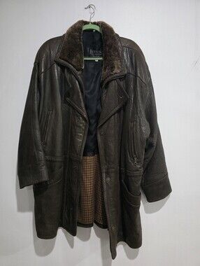 Vintage Bernini Signature Brown Leather Jacket Coat w/ Fur Collar & Plaid Lining